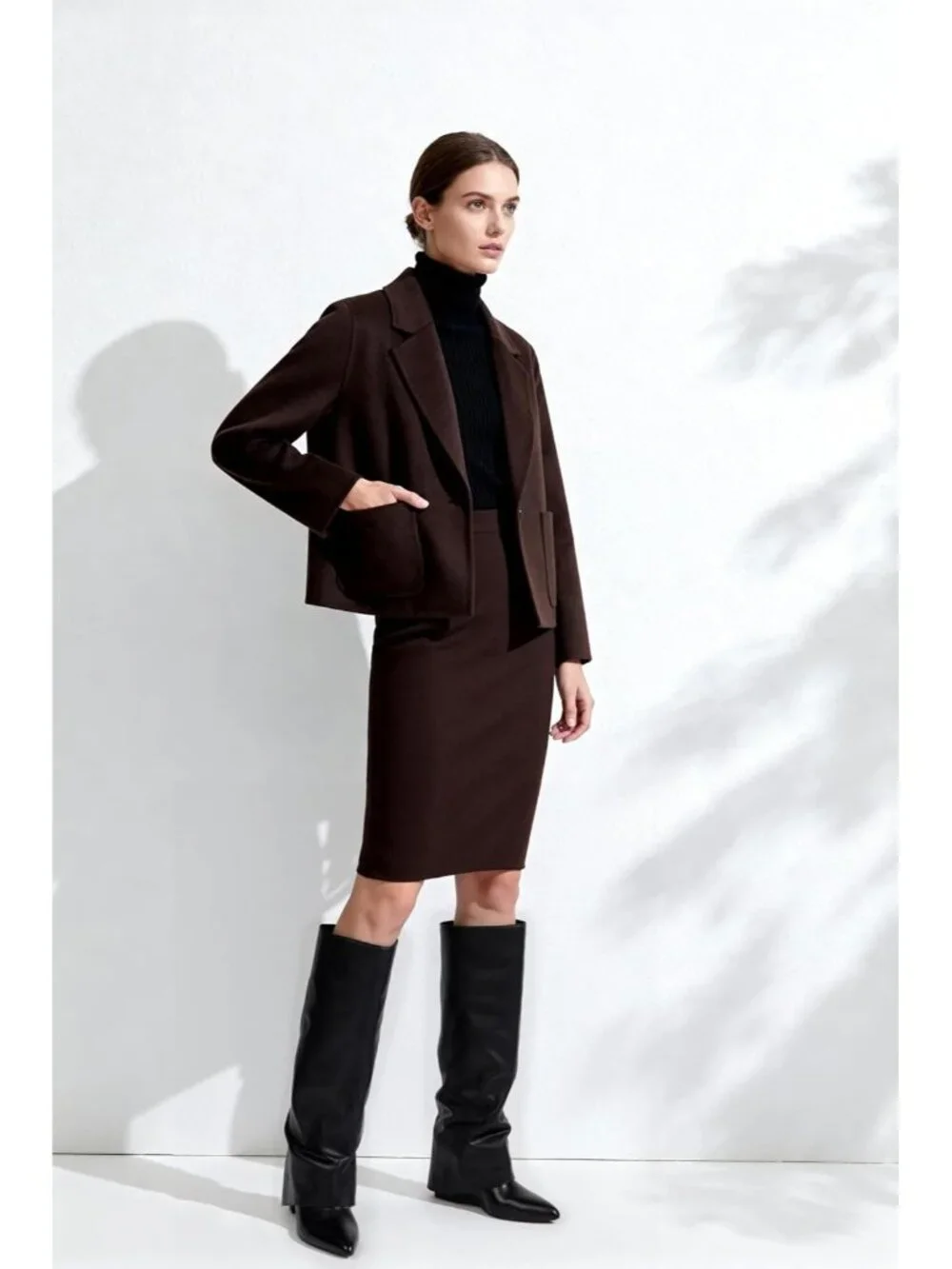 Women's Black Slouchy Wedge Heel Pointed Toe Faux Leather Over The Knee Boots